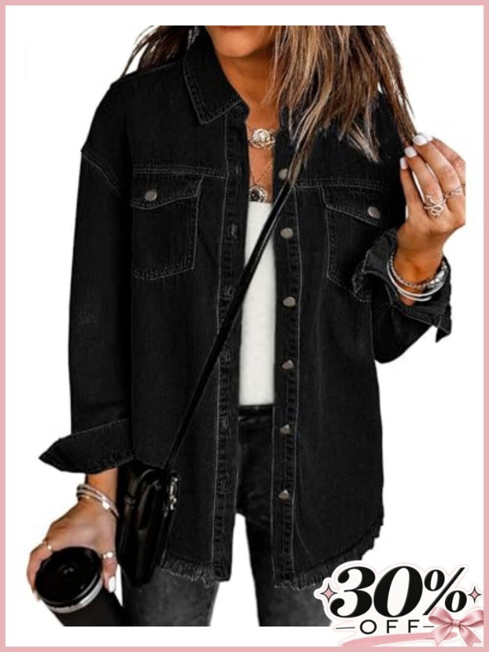 Oversized Denim Jacket Button Down Frayed Hem Shacket